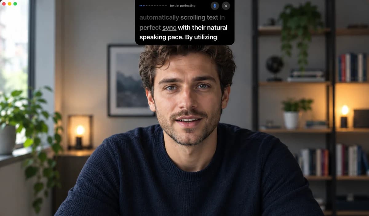 A presenter speaking to camera with the TeleSnap prompter scrolling in an overlay above them.