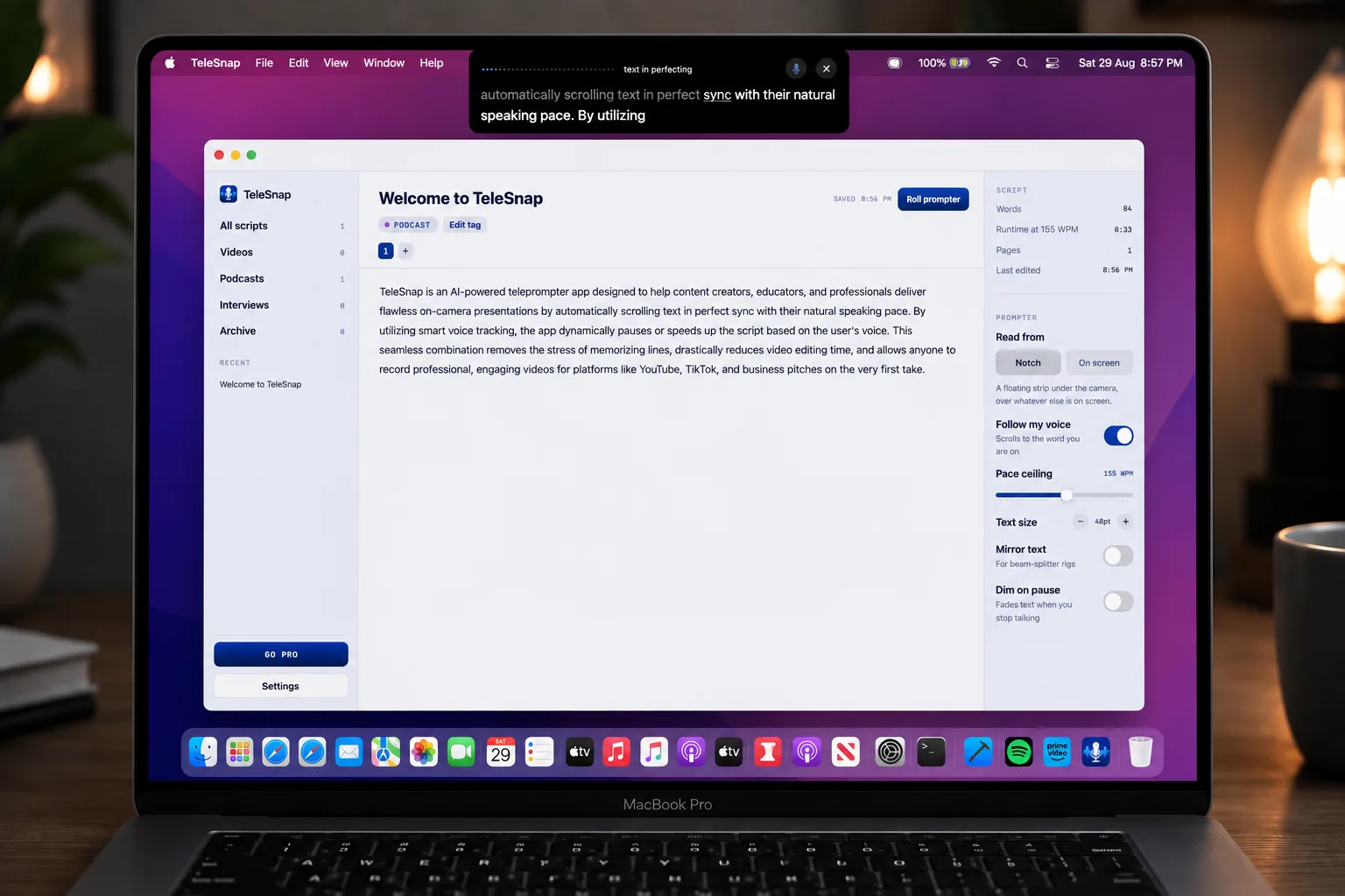 The TeleSnap editor open on a MacBook Pro.